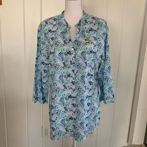 Magnolia Lane Collection Blue and Green Patterned Masters Golf Top Size L